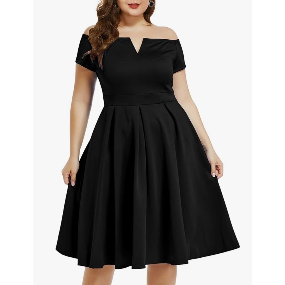 NWOT Lalagen Fit Flare Dress Womens Large Black Pleated Off Shoulder Cocktail